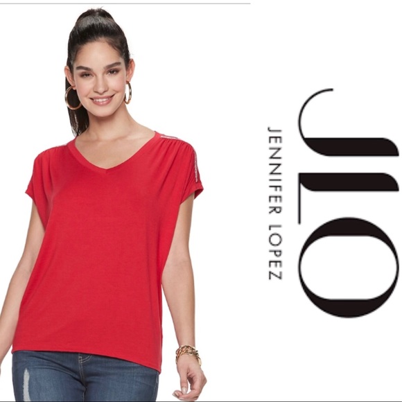 Jennifer Lopez Tops - J.Lo Ruched Top Jeweled Shoulders XL